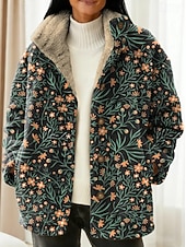 cheap Winter Coats-Women's Blazer Warm Comfortable Buttons Vintage Fashion Modern Casual Floral Vacation Home Casual Daily Short Stand Collar Regular Fit Long Sleeve Outerwear Black Dark Green Purple Fall Winter