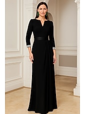 baratos Vestidos de Festa em A-Linha A Longo Vestidos de cocktail Vestidos de noite Vestido de Baile Vestido formal Elegante Vintage Vestido preto Manga Longa Decote V Formal Convidado do casamento Crepe Esticado com Pregas