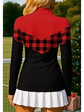 お買い得  女性用シャツ-女性用 カラーブロック チェック 格子柄 市松 ポロスウェットシャツ トップス シャツ スポーツシャツ 長袖 プリント クォータージップ Pullover UPF50+ UV耐性 UVプロテクション 弾性ある 高通気性 バレーボール テニス ゴルフ スタンド ジップカラー シャツ トラックスーツ レッドとブラック イエロー ピンク テニスウェア