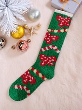 tanie Akcesoria świąteczne-Damskie, świąteczne, puszyste, sięgające do kolan skarpetki, ciepłe i przytulne, zimowe, domowe pończochy z odświętnym, czerwono-zielonym wzorem w gwiazdki, idealne na świąteczny relaks &amp;prezenty