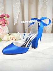billige Pumps med blokkhæl-dame oransje sateng pumps med blokkhæl og perlemor &amp;bånd ankelstropp - elegante spisse høyhælte sko til bryllup, fester &amp;kveldsarrangementer