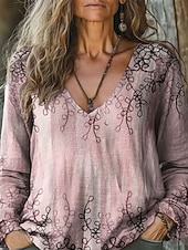preiswerte Boho Tops-Damen Boho-Hemd Bluse Gerafft Blumen Grafik Elegant Vintage Stilvoll Langarm V Ausschnitt Normale Oberteile Täglich Ferien Ausgehen Blau Wein Armeegrün Rote Violett Frühling Herbst