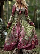 tanie Sukienki kwiatowe-Maxi sukienka dla kobiet sukienka w kształcie litery A sukienka dopasowana i rozkloszowana vintage boho na randkę regularny krój kwiatowy nadruk długi rękaw dekolt w serek zielona wiosna jesień zima