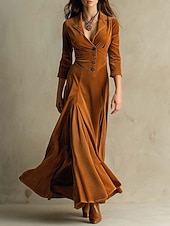 preiswerte Einfaches Kleid-Damen Maxikleid A Linie Kleid Lässig Täglich Schlank Einfach Langarm V Ausschnitt Braun Herbst Winter