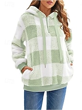 お買い得  ふわふわのスウェットシャツ-女性用 プルオーバー フーディー スウェットシャツ チェック エレガント あたたか 活発的 長袖 フード付き レギュラートップス 家 パーティーイブニングウェア ストリート ブラック ピンク ブラウン グリーン 春 秋 冬