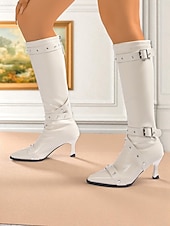 economico Stivali alla moda-stivali neri alti fino al ginocchio da donna con cinturini con fibbia borchiata e punta affilata, stivali con tacco in stile punk gotico per le uscite serali &amp;feste cosplay