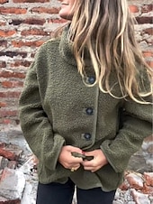 ieftine Jachete de iarnă-Pentru femei geacă Sherpa Comfortabil Respirabil Buzunar Nasturi Casual Simplu Vacanță Stradă Casual Purtare Zilnică Cu Un Nasture Regulat Guler de stand Fit regulat Manșon Lung Îmbrăcăminte