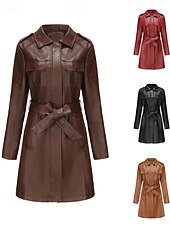 billiga Jackor i konstläder-Dam Imitationsläderjacka Trenchcoat Bekväm Knappar Ledigt Slät Utomhus Semester Helgdag Utekväll Lång Nedvikt Normal Långärmad Ytterkläder Svart Vin Kamel Vår Höst