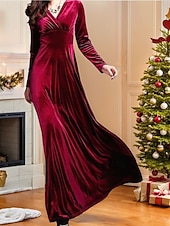 abordables Vestidos de Navidad-Vestido largo de terciopelo para mujer vestido ajustado vestido en línea A vestido de corte y vuelo fiesta de cumpleaños boda formal fiesta invitada a boda manga larga lisa escote en V negro rojo