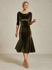 levne Jednoduché šaty-Dámské sametové midi šaty pouzdrové šaty elegantní svatební host cocktail party jednobarevné 3/4 rukáv kulatý výstřih olivová jaro podzim zima