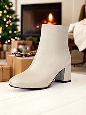 baratos Botas de tornozelo-Botas femininas vermelhas de salto alto com zíper, design elegante de salto grosso, perfeitas para festas de Natal, eventos de feriados e uso diário
