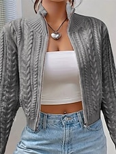 cheap Sweater Jackets-Women's Sweater Cardigan Elegant Fashion Cute Solid Color Stand Collar Zipper Knitted Print Long Sleeve Regular Tops Knit Outdoor Daily Holiday Wine Red Black Fall Winter