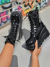 levne Platformové boty-Dámské černé lakované kotníkové boty na platformě s leopardím potiskem, robustní šněrovací boty v bojovém stylu pro streetwear &amp;večer venku