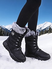 economico Stivali di neve e inverno-stivali da neve invernali da donna a metà polpaccio color bordeaux con finiture in pelliccia sintetica, stivali da esterno impermeabili e isolanti per escursionismo e sci &amp;tempo freddo