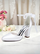 billige Pumps med blokkhæl-dame oransje sateng pumps med blokkhæl og perlemor &amp;bånd ankelstropp - elegante spisse høyhælte sko til bryllup, fester &amp;kveldsarrangementer