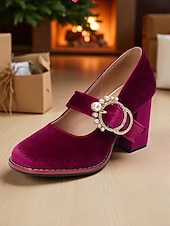 billiga 50-tals retro-Gröna Mary Jane-klackar i sammet med grov blockklack och pärlspänne - vintage retro-skor från 1950-talet för damer, perfekta för julfester och bröllop. &amp;kvällsevenemang