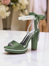 abordables Demoiselle d&amp;#39;honneur-Escarpins à plateforme en satin rose pour femme avec bride cheville en perles et nœud - sandales élégantes à talons hauts pour cocktails et événements formels