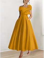 cheap Cocktail Dresses-A-Line Ankle Length Cocktail Dresses Party Dresses Elegant Silky Short Sleeve One Shoulder Wedding Formal Pink Dress Satin with Bow(s)