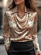 baratos Blusas Florais-Mulheres Camisa Social Elegant Top de cetim Blusas de Seda Imprimir Com Pregas Floral Elegante à moda Casual Manga Longa Gola Boba Tops regulares Diário Trabalho Feriado Champanhe Verde Primavera