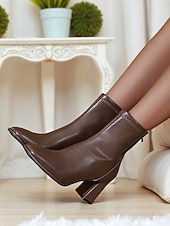 זול מגפי קרסול-מגפוני קרסול מרובעים מעור דמוי עור בצבע קרם לנשים, מגפונים אלגנטיים עם עקב בלוק ורוכסן ללבישה במשרד, מסיבות ותלבושות סתיו
