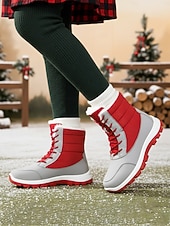 Botas de caminhada de inverno femininas vermelhas com pele sintética – botas de neve duráveis e impermeáveis com blocos de cores para aventuras na neve, perfeitas para viagens de férias baratos Sapatos de Natal Femininos-Botas de caminhada de inverno femininas vermelhas com pele sintética – botas de neve duráveis e impermeáveis com blocos de cores para aventuras na neve, perfeitas para viagens de férias