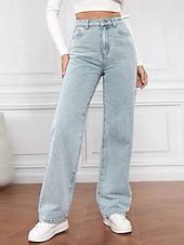 billige brede ben og høy midje-Dame Jeans kinesisk Rett Ferie Årgang Gatemote Full lengde Middels midje عادي Lomme Elastisk midje Bekvem Uelastisk Mikroelastisk utendørs Gate Daglig Svart Grå Marine Svart Hvit Høst Vinter Normal