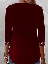 voordelige Kerstblouses en -shirts-Kerstmis Vrouwen Blouse Effen Kleur Elegant Stijlvol Basis Lange Mouwen Vierkante Hals Standaard Tops Dagelijks Sequins Patchwork Zwart Wijn Paars Groen Lente Herfst Winter