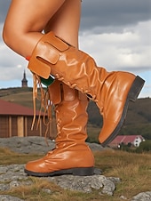 voordelige Middeleeuwen &amp; Renaissance-Middeleeuwse Viking-kniehoge veterlaarzen van imitatieleer voor dames, retro renaissancekostuumschoenen voor LARP, cosplay en festivals &amp;podiumoptredens