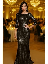 cheap Sheath Evening Dresses-Sheath Column Floor Length Evening Gown Ball Gown Formal Dress Elegant Silky Half Sleeve Boat Neck Wedding Formal Sequined with Glitter Sequin