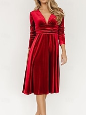 Damen Midikleid Samtkleid Partykleid Cocktailkleid Elegant Modern Party Abendgesellschaft Normale Passform Einfach Langarm V Ausschnitt Schwarz Rote Dunkelgrün Herbst Winter preiswerte abendkleider-Damen Midikleid Samtkleid Partykleid Cocktailkleid Elegant Modern Party Abendgesellschaft Normale Passform Einfach Langarm V Ausschnitt Schwarz Rote Dunkelgrün Herbst Winter