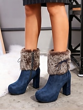 ieftine Cizme de zăpadă și iarnă-Ghete de damă cu platformă, din blană artificială, din piele întoarsă de culoare cămilă, cu detalii de legături și toc gros - ghete de iarnă călduroase și elegante, pentru purtare zilnică și de sărbători