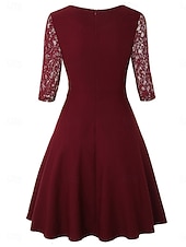 cheap Plain Dress-Women's Mini Dress A Line Dress Elegant Party Cocktail Outdoor Party Wedding Lace Patchwork Regular Fit Solid Color 3/4 Length Sleeve Square Neck Pink Wine Red