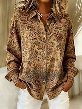 preiswerte Blumenblusen-Damenhemd Leinenähnlich Atmungsaktiv Leicht Florales Grafik Paisley Elegant Stilvoll Modern Lange Ärmeln Hemd Kragen Reguläre Tops Arbeit Druck Gelb Khaki Beige Frühling Herbst Winter