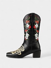 abordables Botas de moda-Botas vaqueras bordadas de piel sintética roja para mujer con diseño floral, tacón de bloque, estilo retro western, perfectas para festivales, salidas informales y Navidad.