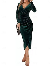 preiswerte Einfaches Kleid-Damen Samt Midi Kleid Etuikleid Wickelkleid A-Linie Kleid Party Cocktail Party Hochzeitsgast Reguläre Passform Einfarbig Langarm V-Ausschnitt Schwarz Lila Grün Herbst Winter