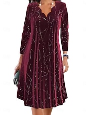 levne Vánoční šaty-Vánoce Dámské Mini šaty Áčkové šaty Na běžné nošení Denní Dovolená Běžný Grafika Dlouhý rukáv Vroubkovaný krk Fialová Podzim Zima