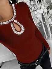 baratos Camiseta lisa-Mulheres Blusa Patchwork Purpurina Côr Sólida à moda Casual Manga Longa Gola Redonda Tops regulares Diário Azul Preto Vinho Verde Primavera Outono Inverno