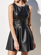 baratos Vestido Simples-Mulheres Minivestido Vestido de couro Moda Moderno Diário Escritório Férias Normal Tecido Sem Manga Gola Redonda Preto Primavera Outono Inverno