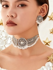 voordelige Dames ketting-Zilveren parelchoker sieradenset voor dames voor kerstfeest, vintage kristallen ketting en oorbellenset voor feestdagen &amp;elegante avondevenementen
