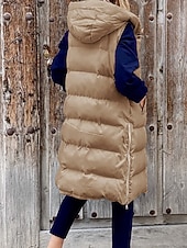 cheap Down Vests-Women&#039;s Winter Coat Down Jacket Vest Warm Comfortable Pocket Buttons Casual Plain Vacation Daily Wear Going out Weekend Long Hooded Regular Fit Sleeveless Outerwear Black Wine Khaki Fall Winter