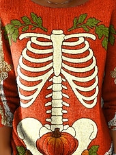 Χαμηλού Κόστους Γραφικά Μοτίβα &amp; Λεπτομέρειες-Γυναικείο Πουλόβερ Γραφικό Κρανίου Χαριτωμένο Streetwear Καθημερινής Γραφικού Κρανίου Στρογγυλή Λαιμόκοψη Ράψιμο Πλεκτό Μακρυμάνι Κανονικά Τόπες Πλεκτό Πορτοκαλί Φθινόπωρο Χειμώνα