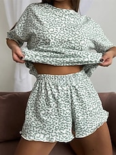 cheap Women's Sleep Tops &amp; Bottoms-Women's Pajamas Loungewear Pajama Set Pajama Shorts Fashion Casual Comfort Graphic Pure Color Elastic Waist Pant Shorts Vacation Home Daily Short Sleeve Crew Neck Pink Green Gray Summer Spring