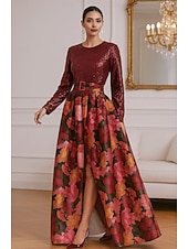 baratos Vestidos de Noite-Linha A Longo Vestidos de noite Vestido de Baile Elegante Manga Longa Gola Redonda Casamento Formal Bolsos Fibra Sintética Paetês com Estampa floral Lantejoulas Fenda