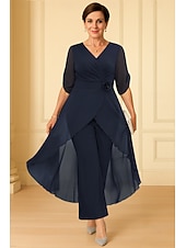 abordables Monos de mamá-Mono Asimétrica Vestido de Madrina Media Manga Escote en Pico Elegante Sencillo Invitado a la boda Noche formal Gasa Tejido elástico con Flor Un Color