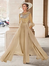 economico Tute della mamma-Tuta Completo Pantalone Lunghezza al pavimento Abito da cerimonia per signora Mezza Manica Collo gioiello Elegante Vintage Ospite di nozze Chiesa Chiffon con Piuma Paillettes Applicazioni