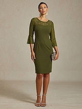  Dam Midiklänning Sheath Dress Elegant Normal Ensfärgat Halvlång ärm Rund hals Oliv