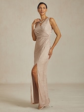 Robe longue en mousseline de soie pour femme, robe portefeuille, robe plissée, paillettes, asymétrique, élégante, formelle, cocktail, mariage, invité, soirée, cocktail, métallique, sans manches, col abordables Robes en chiffon-Robe longue en mousseline de soie pour femme, robe portefeuille, robe plissée, paillettes, asymétrique, élégante, formelle, cocktail, mariage, invité, soirée, cocktail, métallique, sans manches, col