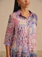 abordables chemises, hauts et chemisiers-Chemisier femme violet clair bohème combinaison imprimé col chemise devant fausse patte décontracté vacances voyage printemps automne
