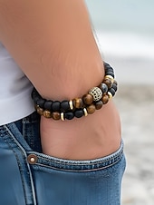 cheap Men's Jewelry-Men's Christmas Gift Natural Stone Beaded Bracelet Set, Multi-Color, Unique Matte &amp; Polished Stones, Stylish Accessory for Holiday Parties, Casual Wear and Festive Occasions