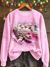levne Zvířata vrcholy-Dámské Pullover Tisk Grafika Kočka Teplé Klasické Na běžné nošení Dlouhý rukáv Tričkový Běžné topy Ležérní Domů ulice Vodní modrá Světlá růžová Rubínově červená Podzim Zima
